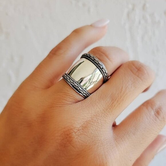 Concave Ring, Bali Sterling Silver Ring - Braided Wide Band Ring, Statement - Picture 5 of 9